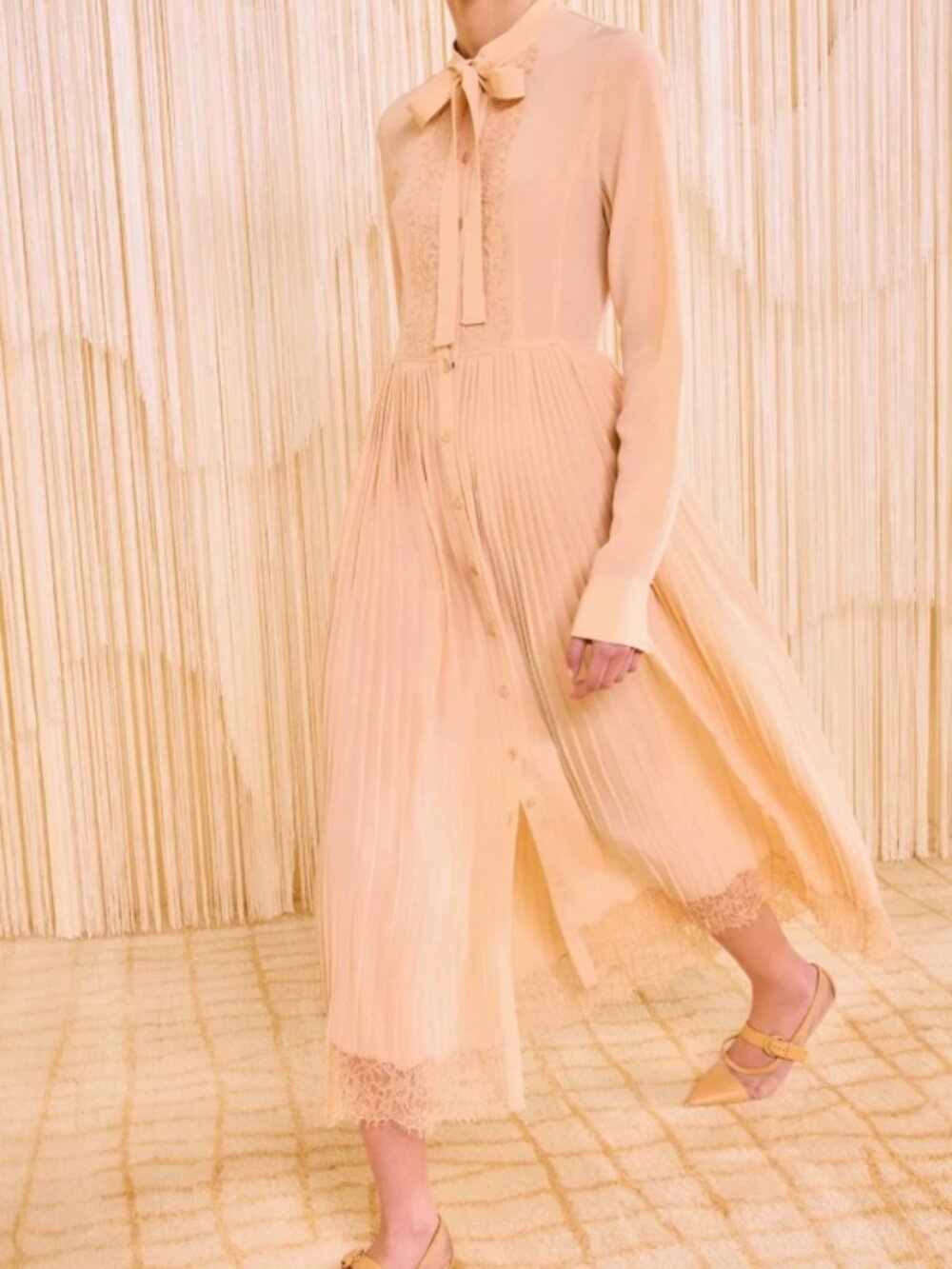 NWOT ULLA JOHNSON Aviana Long Sleeve Pleated Silk Shirt Dress in Almond $890